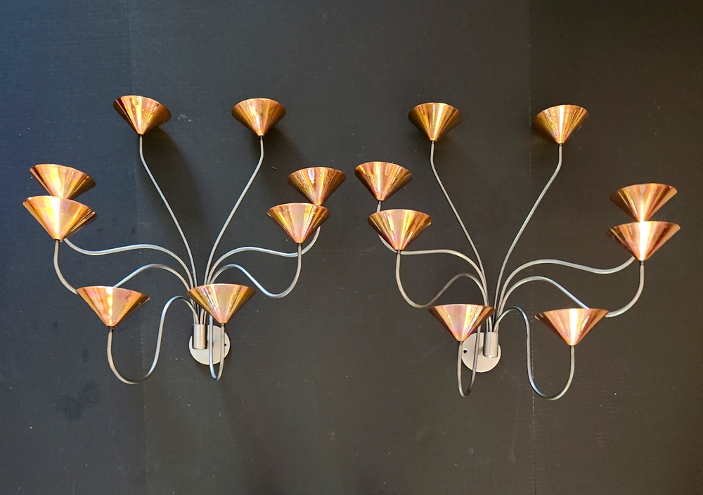 Pair Vintage Mid Century Polish Brutalist Copper Wall Sconce Candelabras Poland